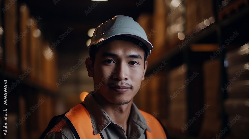 Portrait warehouse parcel delivery male staff worker happy working in port cargo shipping industry with safety suit. Work concept. Cargo concept. Shipping concept