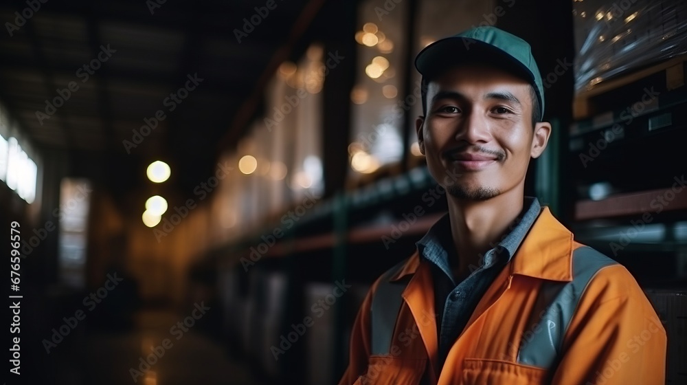 Fototapeta premium Portrait warehouse parcel delivery male staff worker happy working in port cargo shipping industry with safety suit. Work concept. Cargo concept. Shipping concept
