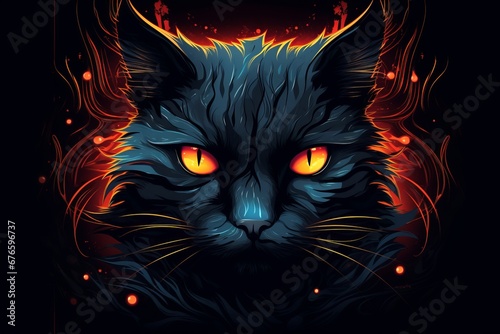 Comic Art Style Black Cat with orange Eyes Illustration