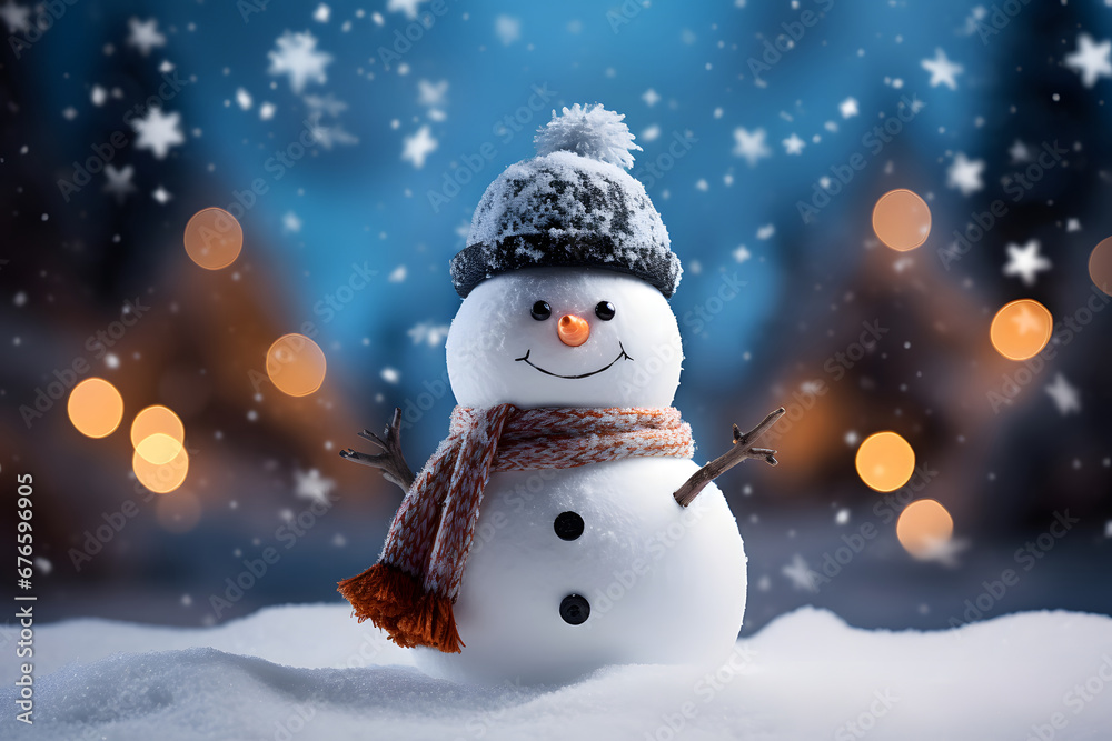Smiling happy snowman with red Christmas scarf and black hat. Generative AI