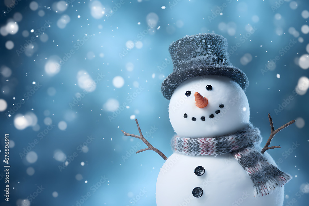 Fototapeta premium Happy snowman with winter hat and scarf. Blue background with copyspace and snowfall. Christmas and New Year celebration concept created using Generative AI
