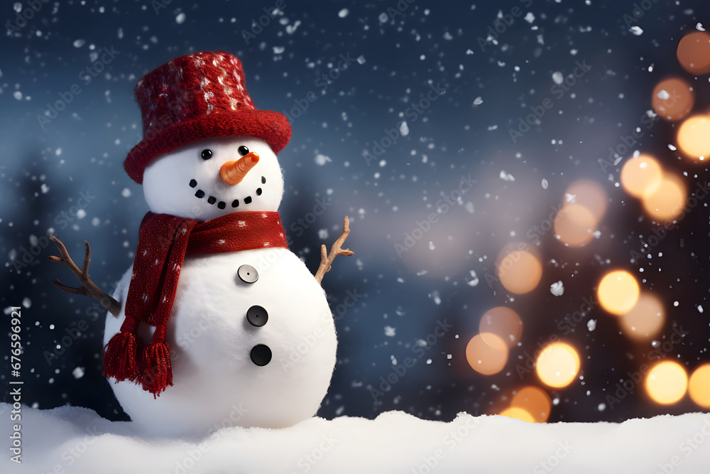 Happy snowman with winter hat and red scarf. Background with copyspace and snowfall. Christmas and New Year celebration concept created using Generative AI
