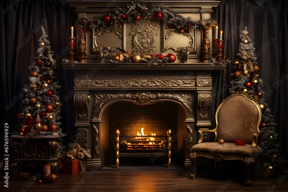 Luxurious fireplace interior in the living room with a Christmas tree and a luxury armchair. Generative AI
