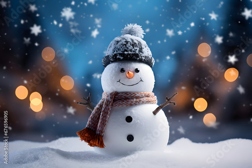Smiling happy snowman with red Christmas scarf and black hat. Generative AI © Ayrum.Design