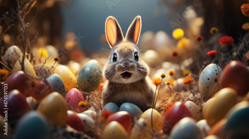 Close-up of a rabbit surrounded by a multitude of Easter eggs in soft lighting.
