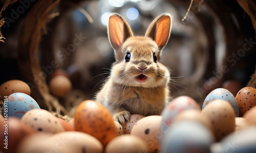 Rabbit peeking through a collection of speckled Easter eggs.
