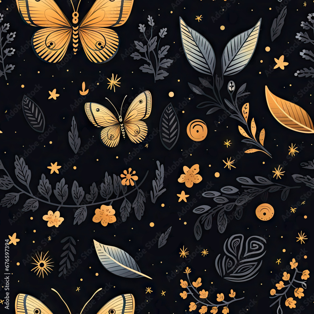 Seamless pattern of butterfly with flowers and herbs on black background. Boho art print. Alchemy mystical spiritual magic poster. Retro style. Design for card, sticker, paper, magic craft, fabric Seamless pattern of butterfly with flowers and herbs on black background. Boho art print. Alchemy mystical spiritual magic poster. Retro style. Design for card, sticker, paper, magic craft, fabric