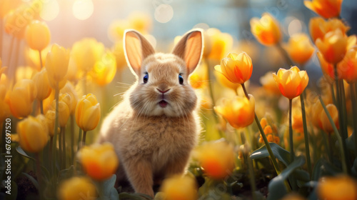 Close-up of a rabbit in a field of yellow tulips with a soft focus background.
