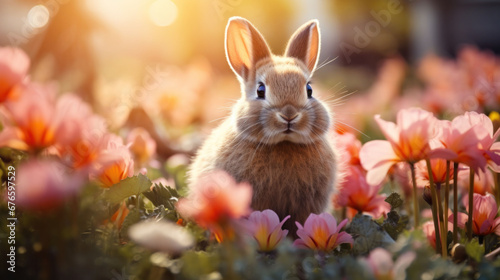 A rabbit sits among pink tulips in a garden, sunlight filtering through the petals. 