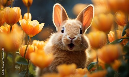 A surprised bunny peeks through a bed of glowing golden tulips in the soft spring light.
