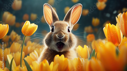 Excited bunny surrounded by bright yellow tulips under a clear spring sky, embodying joy.
 #676597533