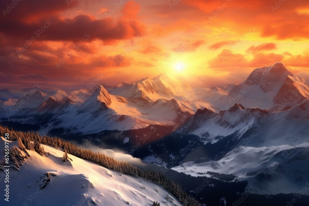 A beautiful view of the sun rising above majestic snowy mountains. Generative AI
