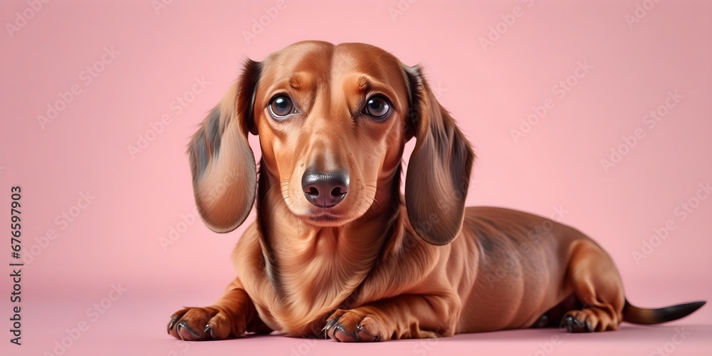 Studio portraits of a funny Dachshund dog on a plain and colored background. Creative animal concept, dog on a uniform background for design and advertising.