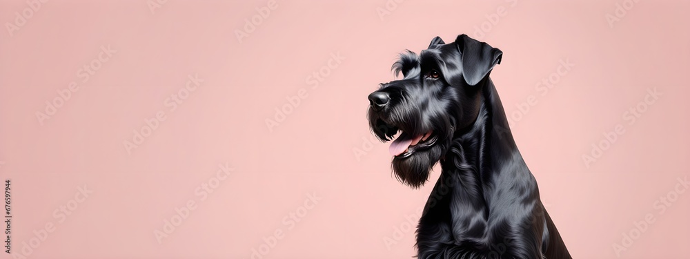 Studio portraits of a funny Giant Schnauzer dog on a plain and colored background. Creative animal concept, dog on a uniform background for design and advertising.
