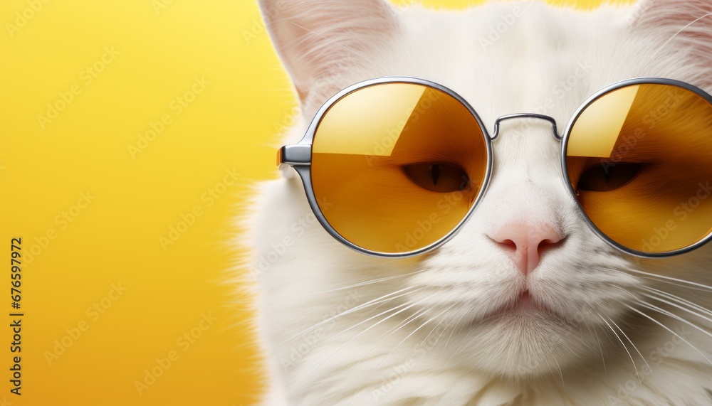 stylish cat in colorful outfit and sunglasses dancing on vibrant background   travel concept