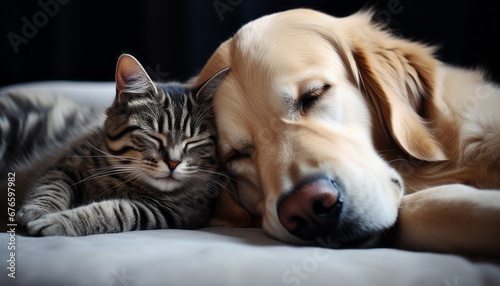 Adorable cat and dog enjoying a cozy nap together at home on a bright and sunny summer day
