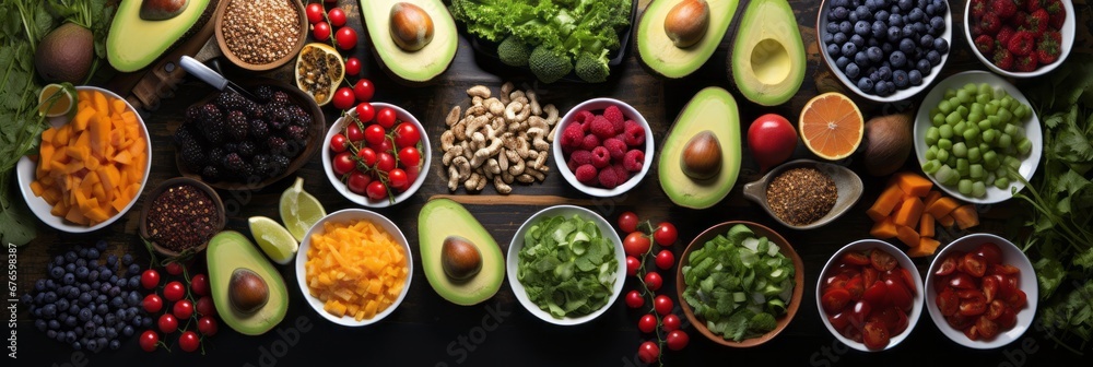 Vibrant veggie and fruit selection, top view flat lay on dark background, promoting healthy eating. Vibrant veggie and fruit selection, top view flat lay on dark background, promoting healthy eating.
