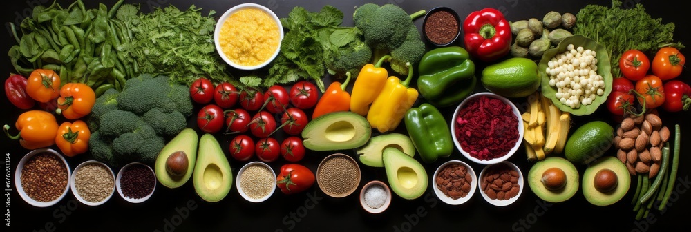 Nutritious fruits and vegetables flat lay on dark background, inspiring a healthy lifestyle.