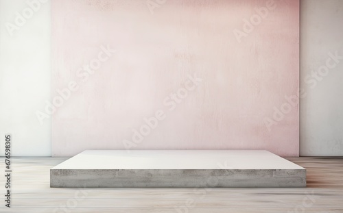 An empty white concrete room mock up with podium  matte photo