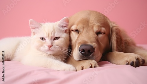 Adorable kitty and puppy napping together in studio, isolated on solid color background