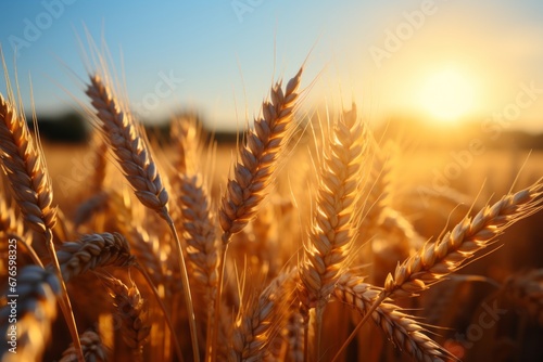 Golden wheat field under sunny summer sky  ideal farm background for product placement