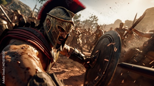Action scene of Spartans in the battle arena. Generative AI