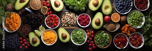 Vibrant veggie and fruit selection  top view flat lay on dark background  promoting healthy eating.