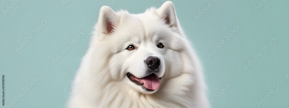 Studio portraits of a funny Samoyed dog on a plain and colored background. Creative animal concept, dog on a uniform background for design and advertising. Studio portraits of a funny Samoyed dog on a plain and colored background. Creative animal concept, dog on a uniform background for design and advertising.
