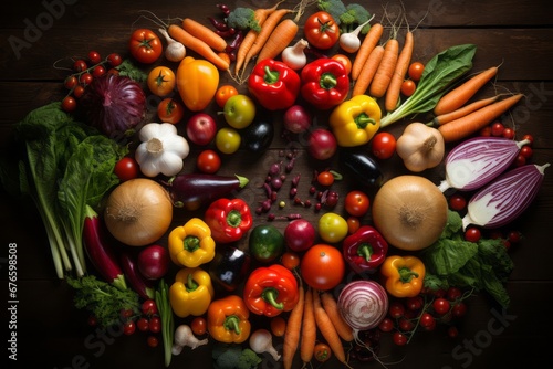 Colorful assortment of healthy vegetables and fruits in a top view flat lay on dark background