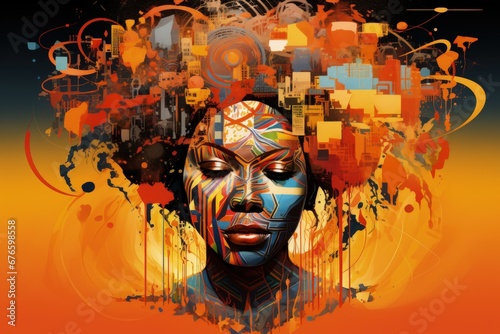 Africa map with images of African women painted in futurist dynamism. Generative AI