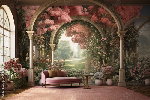 Arch fresco depicting blooming garden for digital wallpaper printing. Generative AI photo