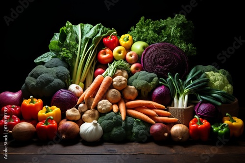 Fresh and colorful assortment of healthy vegetables and fruits, top view on dark background