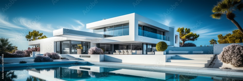 Obraz premium Stunning modern white house with a refreshing pool, ideally located by the captivating ocean view