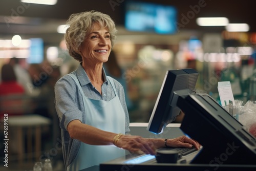 Elderly woman working at supermarket checkout cinematic. Generative AI