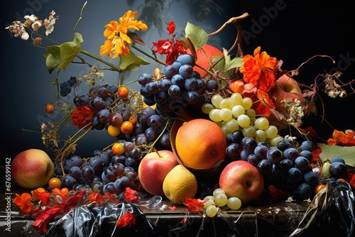 still life with fruits and flowers photo