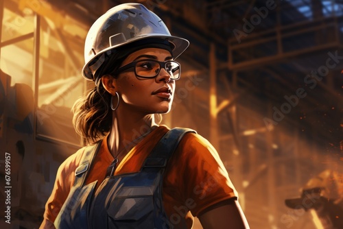Female construction worker in a steel factory. Generative AI
