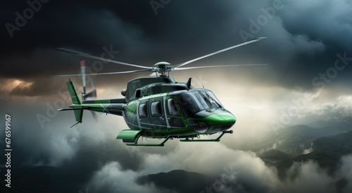 Green helicopter flying under a stormy sky. Generative AI