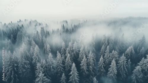 View from above of winter fir tree foggy forest with snow background. photo