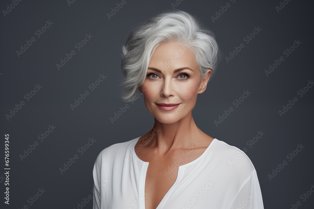 Adult mature woman with white hair. Cosmetics and beauty industry advertising concept. Woman smiling looking into camera. Skincare cosmetics. Makeup model