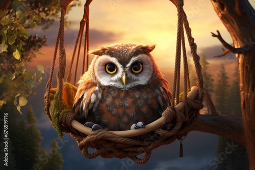 Cozy Owl in a Swing