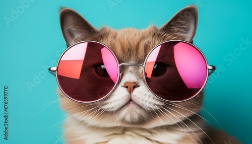 stylish cat dancing in colorful clothes and sunglasses on solid color background, travel concept
