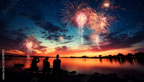 Silhouettes gazing at bursts of colorful fireworks, a mesmerizing spectacle of celebration