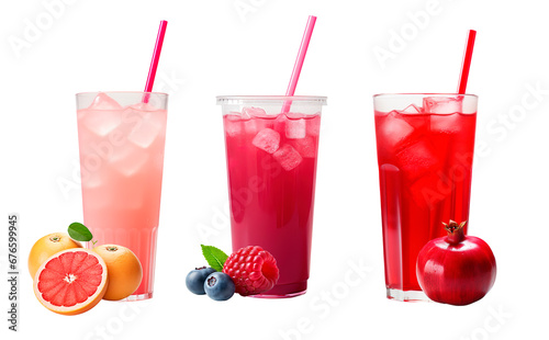 Fresh juices made of grape fruit, berries and pomegranate on isolated transparent background