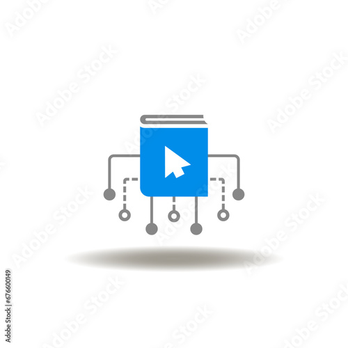 Vector illustration of book with mouse pointer and circuit pattern. Icon of online library. Symbol of digital literature.