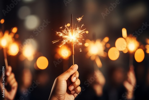 Winter holiday celebration joyful people with glowing sparkles and dazzling fireworks display