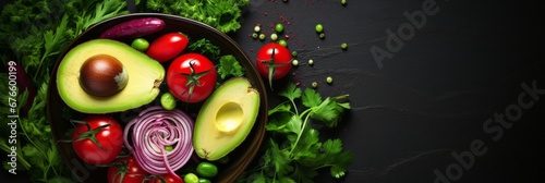 Avocado salad with cherry tomatoes, cucumber, red onion, and lettuce on blue background