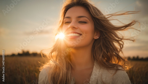 Free happy woman enjoying nature, yoyful girl outdoors breathing fresh air , enjoyment, freedom, happiness and mental health concept