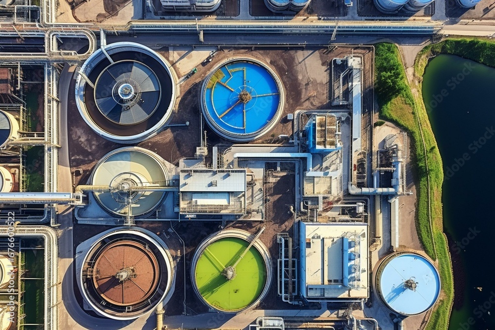Aerial view of city wastewater treatment plant, pumping station, and
