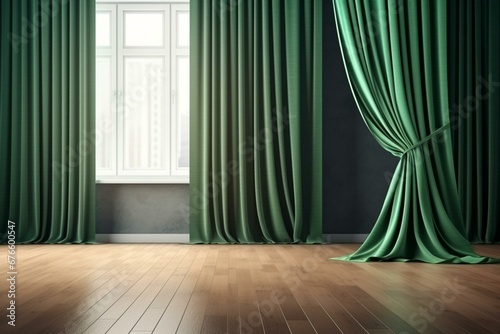 Blank tablet with green curtains and wooden flooring. Cinema, stage, theater. 3D rendering. Generative AI