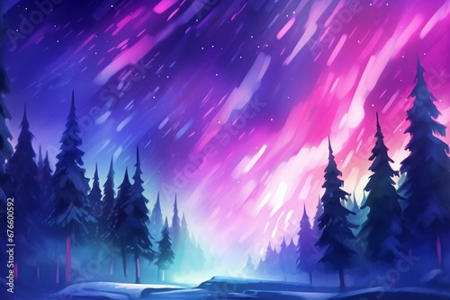 Purple background with aurora borealis illustrated digitally. Generative AI